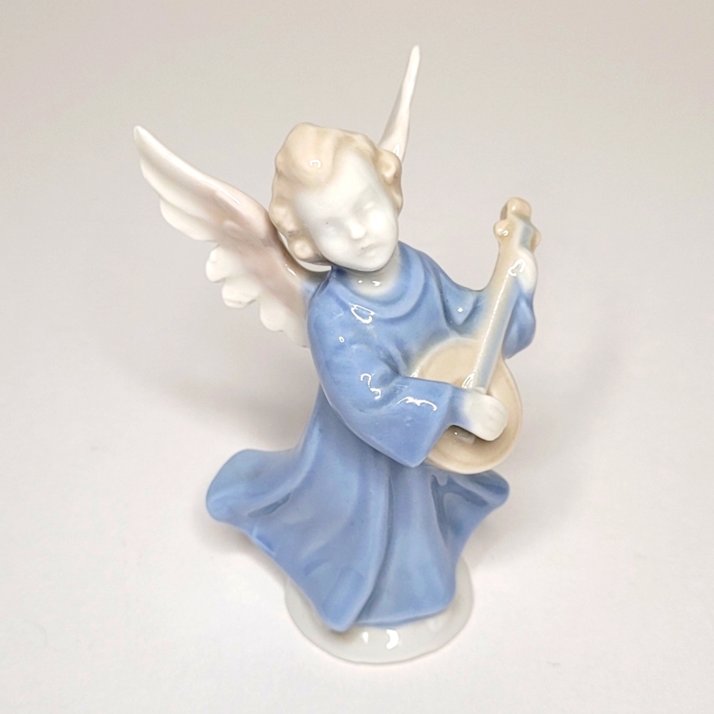 Blue Robed Angel Playing Music Vintage Ceramic Sanmyro Figurine